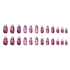Faux ongles amande marbre violet et blanc, lot de 24 pièces avec motifs artistiques variés