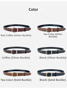 Detail view of four textured leather belts in red coffee, tea, coffee and black colors