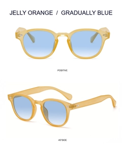 Lunettes de soleil orange gelée avec verres dégradés bleus, vues de face et à 45 degrés