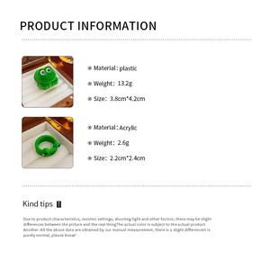 Detailed view of green frog ring and display box dimensions with acrylic material specs