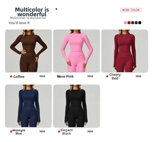 Détails de hauts de yoga manches longues en cinq couleurs avec passe-pouces et plis à la taille