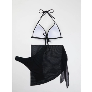 Three-piece black bikini set with halter top and semi-transparent mesh beach sarong