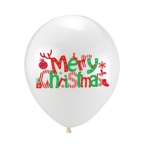 12-inch white latex Christmas balloon with Merry Christmas print and festive hand-drawn icons