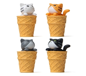 Set of 4 cute cat figurines in ice cream cones for miniature garden and desk decor