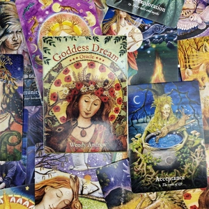 Macro detail of Goddess Dream Oracle cards featuring Wendy Andrew artistic illustrations