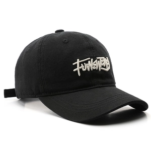 Classic black cotton baseball cap with white 3D letter embroidery and curved brim style