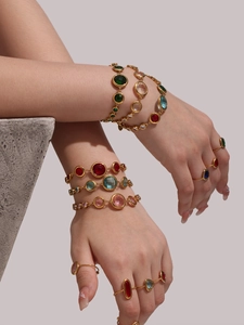 Luxurious 18K gold plated bracelets and rings set with colorful Czech glass stones