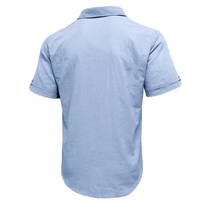 Back view of light blue cotton linen short sleeve shirt with curved hem detail
