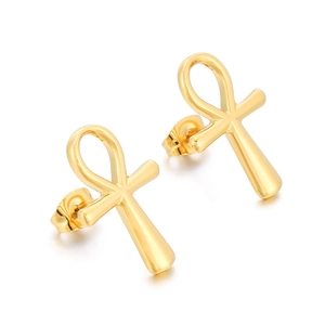 Polished 18K gold-plated stainless steel Ankh cross stud earrings on a white background