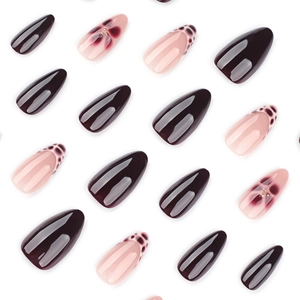 3D almond press-on nails in berry purple and nude with floral and polka dot designs