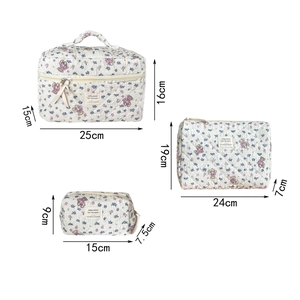 Three-piece quilted floral bear cosmetic bag set with dimensions and portable handles