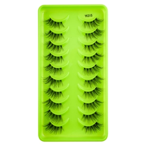 Close-up of 10 pairs natural thick half false eyelashes with clear bands on green tray
