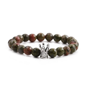 8mm natural tiger eye stone beads bracelet with a vintage silver crown charm for men