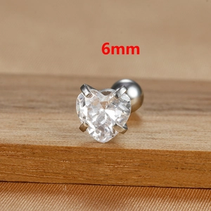 Detailed macro view of a 6mm heart-shaped cubic zirconia stud earring with silver base