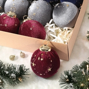 Set of 12 velvet Christmas balls in burgundy and navy with gold stars for holiday decor