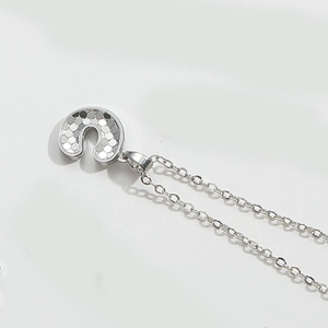 Detailed view of silver U-shaped horseshoe pendant with circular scale texture pattern