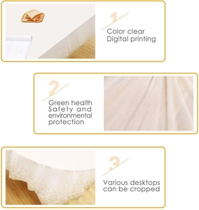 Eco-friendly white tablecloth with gold foil polka dots showing high-quality digital printing