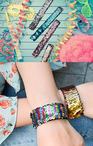 Colorful mermaid sequin slap bracelets for kids shown in party scene and on wrist