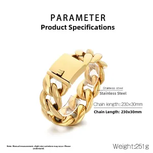 Detail view of 30mm gold stainless steel Cuban link bracelet with square clasp