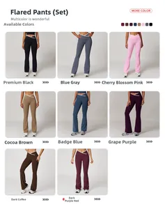 Detail showing the V-shaped high waistband and flare leg design in eight vibrant colors