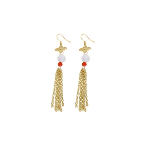 Elegant Chinese cloud tassel drop earrings with golden metal butterfly and red beads
