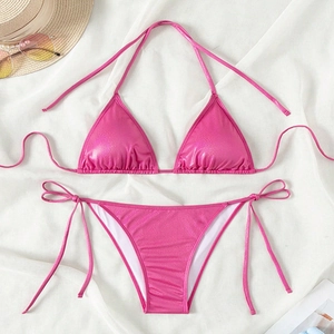 Metallic Shimmer Halter Bikini Top And Tie Side Bottom Solid Color Sexy Beach Vacation Swimwear For Women