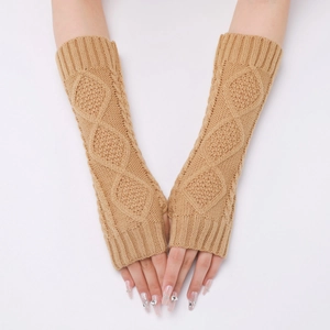 Detail of khaki diamond cable knit arm warmers with ribbed cuffs for winter