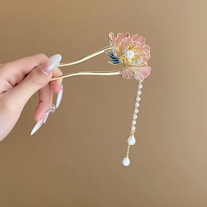Vintage style gold flower hair pin with pink enamel petals and pearl tassel details