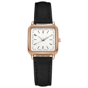 Elegant women's square quartz watch with rose gold case and black leather strap