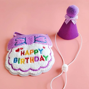 Detail of embroidered Happy Birthday pet bib and purple party hat on pink background