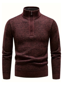 Detail of the high collar with metal half-zipper on the burgundy knitted sweater for men