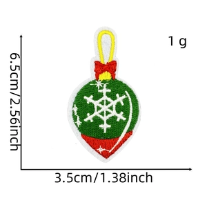 Detailed size view of Christmas ball embroidery patch with red bow and snowflake motif