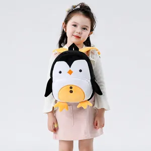Cute plush penguin backpack for toddlers with soft black and white plush material