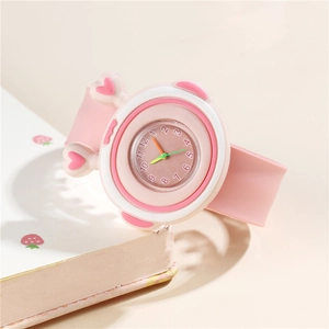 Pink cartoon quartz watch for kids with cute heart ears and a soft silicone strap