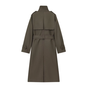 Classic dark olive double-breasted trench coat with back storm flap and waist belt