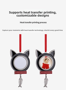 Sublimation cat-shaped metal ornament with fishbone charm and red ribbon for photo custom
