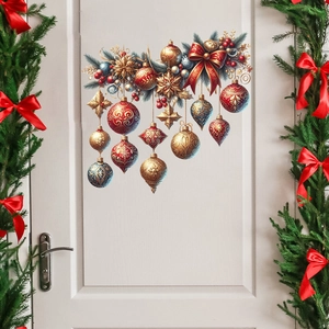Close-up of vintage Christmas ball wall stickers with festive red bows on a white wooden door