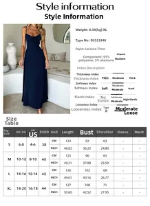 Detailed size chart and material specifications for elegant A-line strap maxi dress