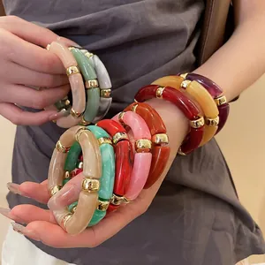 Acrylic Geometric Iridescent Marble Texture Bracelet With Gold Metal Spacers Elastic Minimalist Boho Jewelry For Women