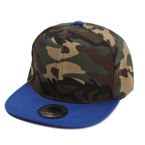 Flat brim camouflage snapback cap with a blue visor for outdoor street style wear