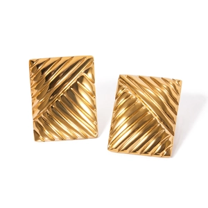 Minimalist 18K gold plated stainless steel rectangular earrings with diagonal stripes