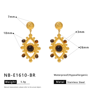 Detailed size specifications for gold stainless steel evil eye earrings with tiger eye stone