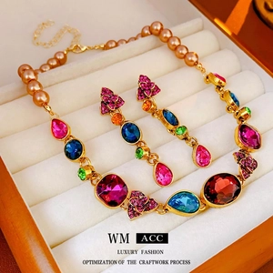 Vintage French style colorful teardrop flower necklace and earrings jewelry set