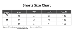 Guide des tailles pour shorts de yoga sans couture avec mesures pour S, M et L en tableau