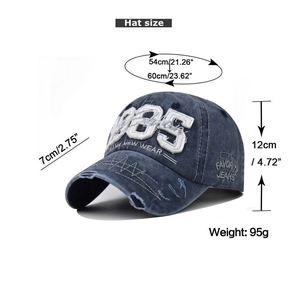 Detailed size chart for the navy washed cotton 1985 embroidery baseball cap with 95g weight