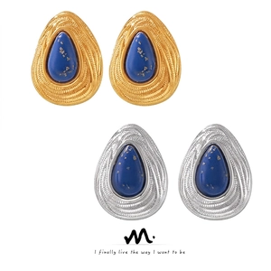 Boucles d'Oreilles Clous Goutte Vintage Style Occidental Acier Titane Plaqué Or 18K Lapis-Lazuli Naturel Bijoux Femme Chic
