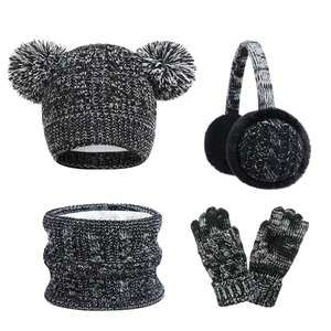 Winter 4-piece set with double pompom hat, earmuffs, scarf, and gloves in black white knit