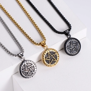 Vintage Viking pentagram coin necklaces in silver, gold, and black stainless steel