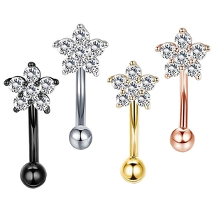 Stainless Steel Curved Barbell Eyebrow Piercing Jewelry Cubic Zirconia Flower Shape Body Stud Screw Ball Back
