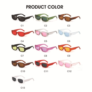 Matrix display of 13 colorful vintage rectangular sunglasses with various frame tints